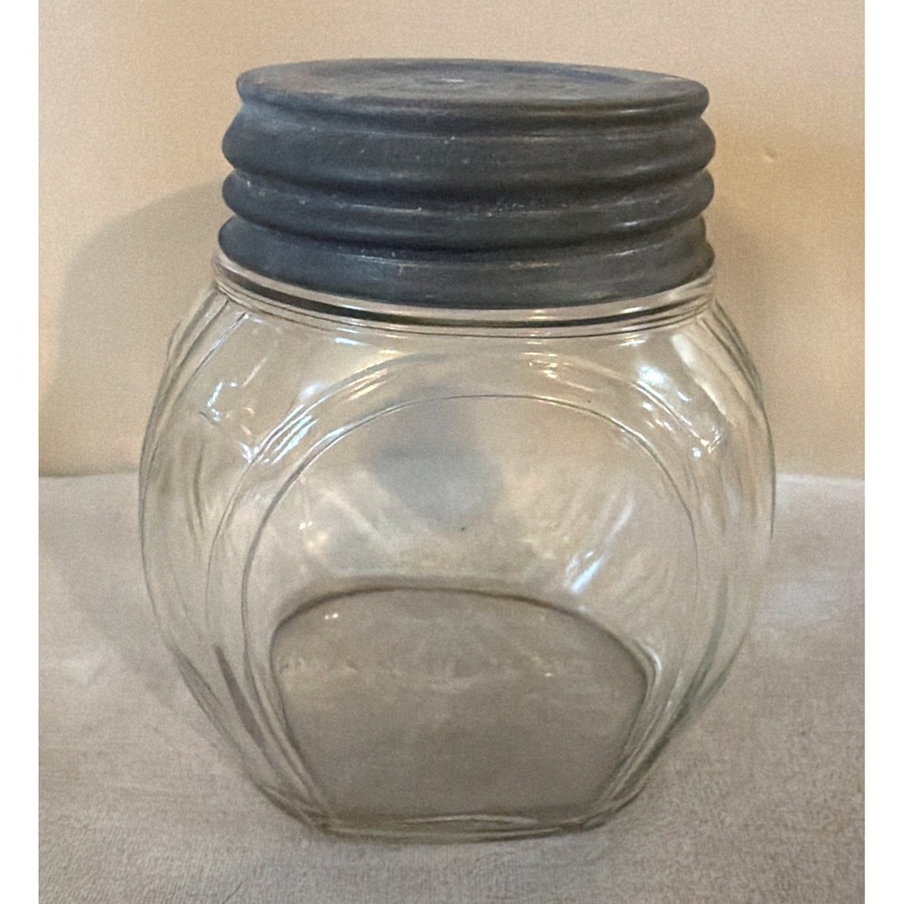 Vintage 16-oz GLASS JAR with Zinc Ball Lid - EUC